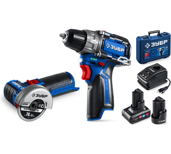 Изображение товара Дрель-шуруповерт ЗУБР Профессионал набор: дрель-шуруповерт + мини УШМ, 12 В, 45 Н·м, 2 АКБ тип Т7 (4 и 2 А·ч), кейс DB-121-42AB
