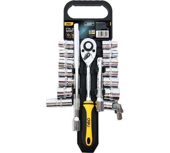 Изображение товара Набор торцевых головок и удлинителей 16шт с трещоткой 1/2 DELI DL2017T трещотка 45 зубьев 212836