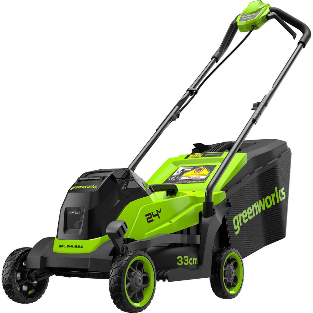Изображение товара Аккумуляторная газонокосилка Greenworks 24V 33 см бесщеточная с травосборником