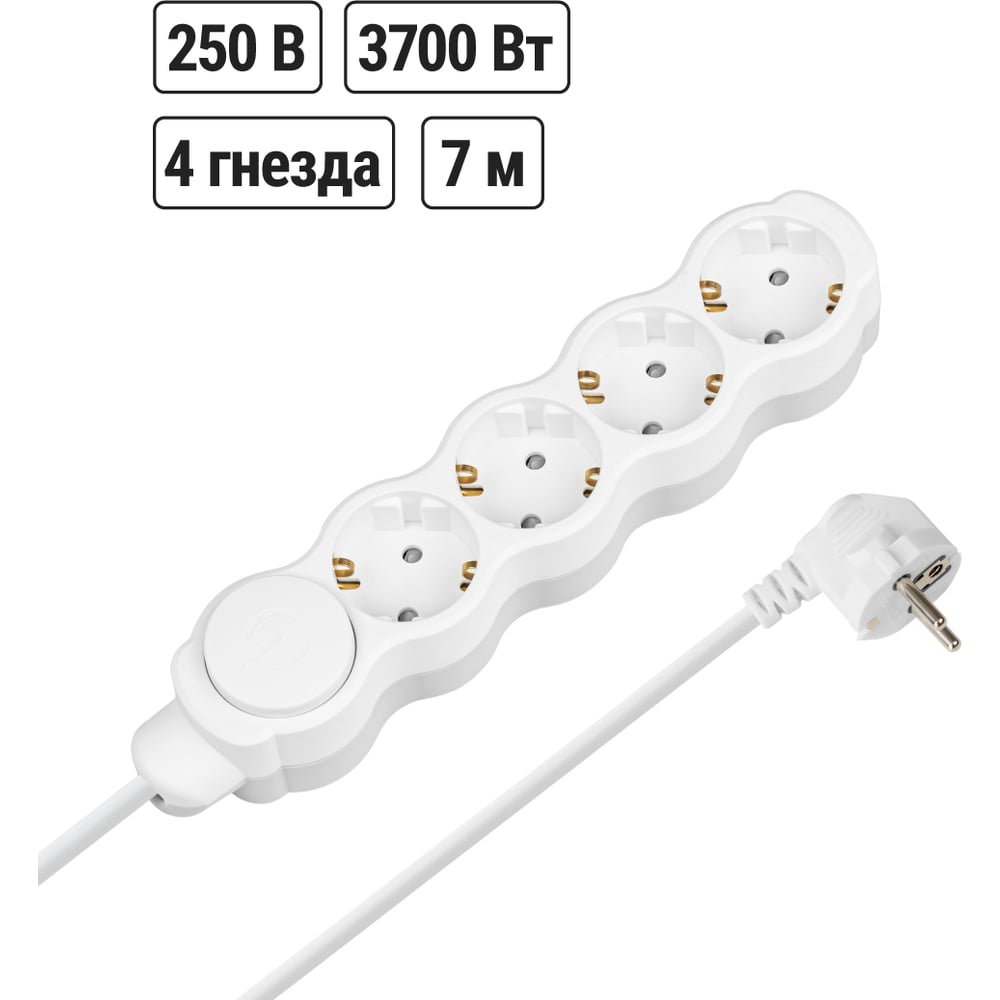 Изображение товара Удлинитель бытовой TDM ELECTRIC Люкс 4 гнезда 7 м с выключателем ПКГ