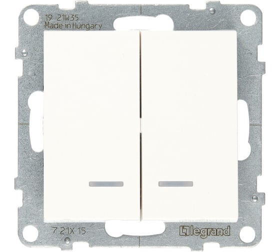 Изображение товара Выключатель двухклавишный Legrand SUNO 10АХ 250В, с подсветкой/индикацией, безвинтовые зажимы, цвет белый 721115