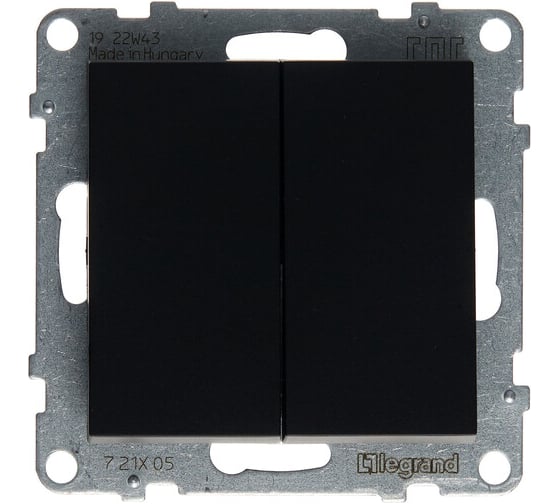 Изображение товара Выключатель двухклавишный Legrand SUNO 10А 250В, безвинтовые зажимы, цвет антрацит 721405