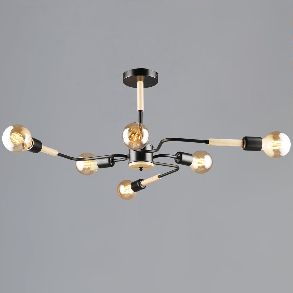 Изображение товара Потолочная люстра ReLuce 10070-0.3-06 BK+WOOD стиль лофт с 6 лампами E27