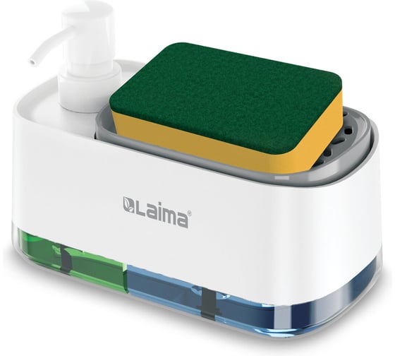 Изображение товара Диспенсер/дозатор для мыла и моющего средства LAIMA DUET + губка, БЕЛЫЙ, 11х20х12см,  HOME 700043