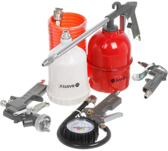 Изображение товара Набор пневмоинструмента BARTEX металл, пластик, 5 шт, быстросъемный, краскораспылитель с верх бачком 364679