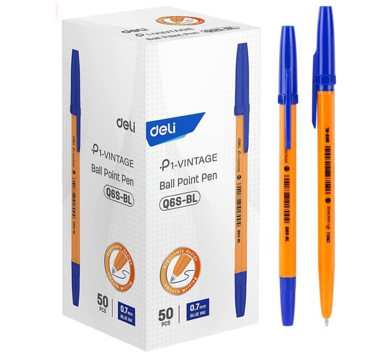 Изображение товара Шариковая ручка DELI пулевидный наконечник: 0.7 мм, цвет синий (50 шт. в наборе) EQ6S-BL