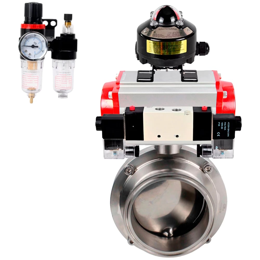 Изображение товара Затвор DN.ru clamp 304-304-EPDM Ду100 Ру10 из нержавеющей стали с пневмоприводом Изображение товара Затвор DN.ru clamp 304-304-EPDM Ду100 Ру10 из нержавеющей стали с пневмоприводом