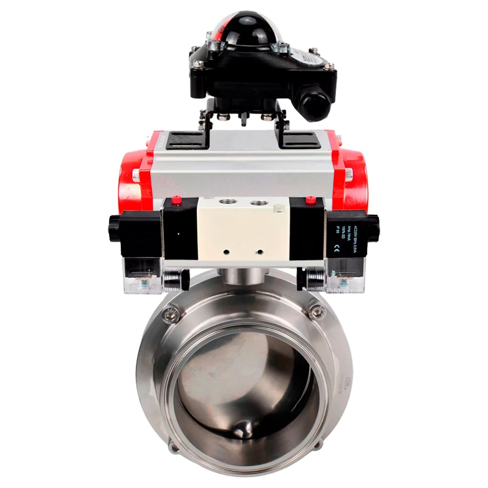 Изображение товара Затвор DN.ru clamp 304-304-EPDM-2W-C-H Ду100 Ру10 пищевая нержавеющая сталь, пневмопривод, пневмораспределитель, БКВ D050-77630