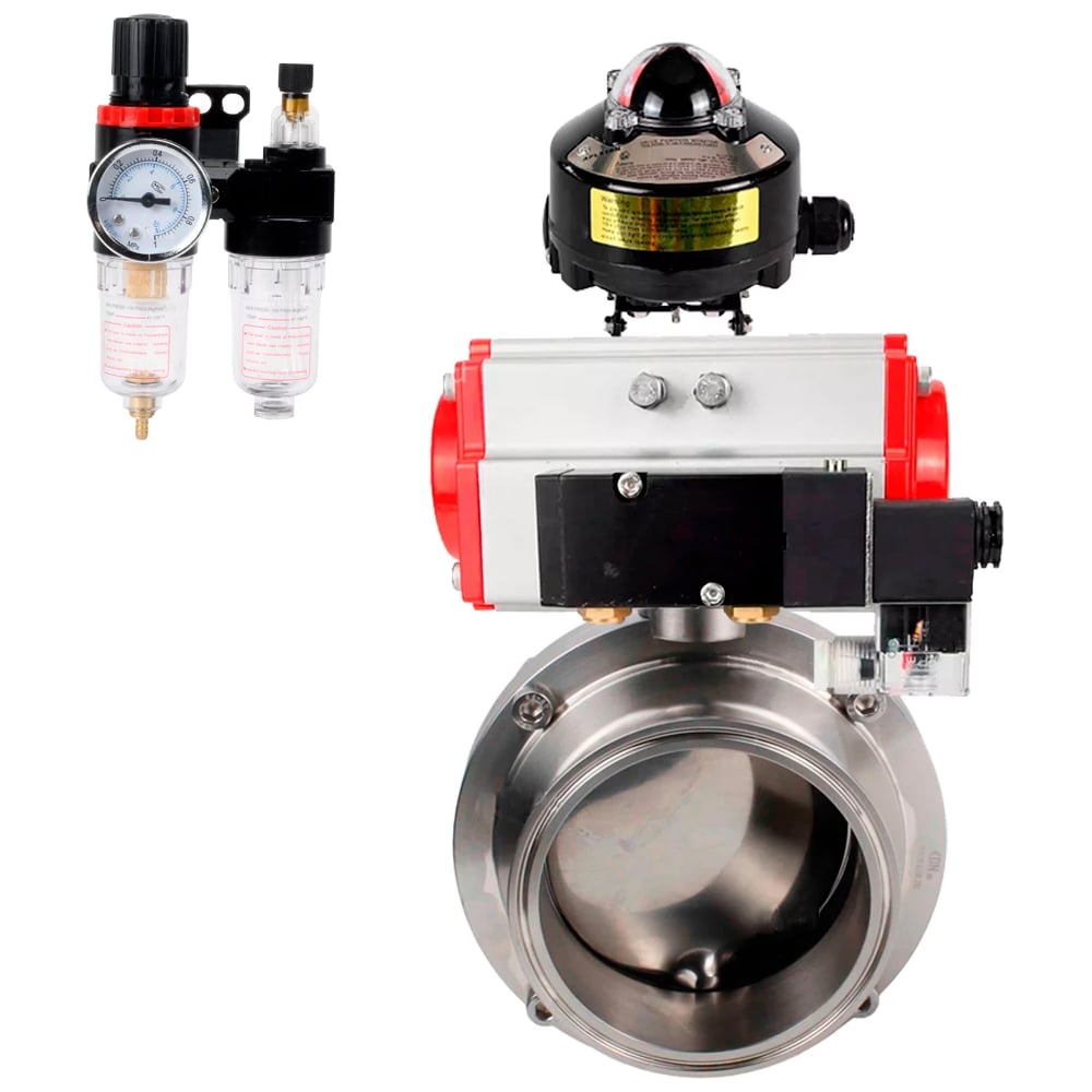 Изображение товара Затвор DN.ru clamp 304-304-EPDM Ду50 Ру10 пищевая нержавеющая сталь, пневмопривод, пневмораспределитель, БКВ, БПВ D050-79478