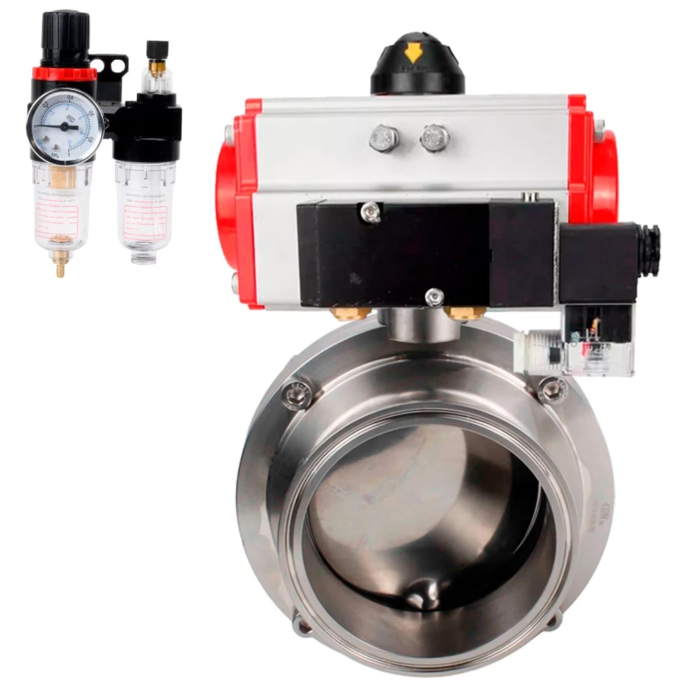Затвор DN.ru clamp 304-304-Sil-2W-C-H Ду100 Ру10 пищевая нержавеющая сталь, пневмопривод, пневмораспределитель, БПВ D050-74849