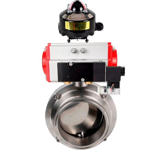 Изображение товара Затвор DN.ru clamp 304-304-Sil-2W-C-H Ду100 Ру10 пищевая нержавеющая сталь, пневмопривод, пневмораспределитель, БКВ D050-78590