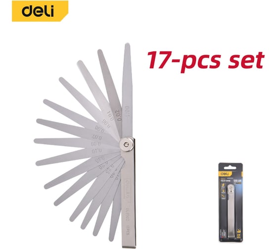 Изображение товара Набор измерительных щупов для проверки зазоров DELI DL9502 17шт (0,02-1,00 мм, сталь 65Mn) 209704