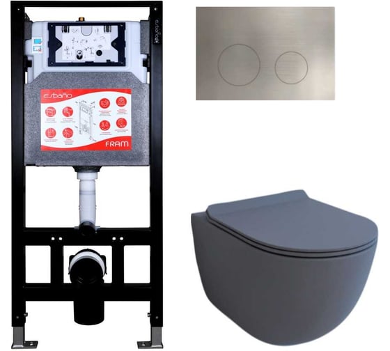 Изображение товара Комплект инсталляция FRAM, унитаз GARCIA серый матовый, клавиша MTK-60ST Satin metal Esbano GARCIA-GM-MTK-60ST