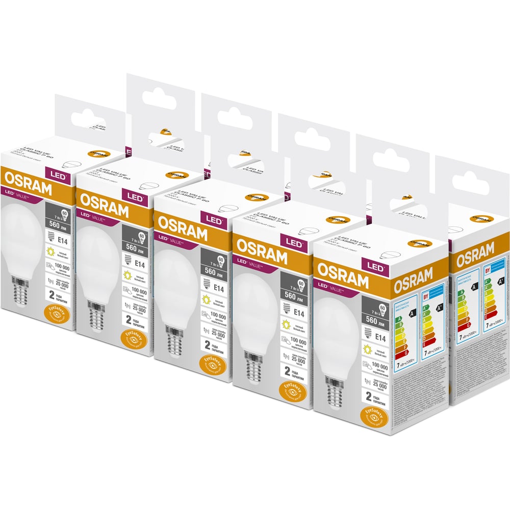 Изображение товара Набор светодиодных ламп OSRAM 5 шт LED Value 7Вт 3000K E14 - энергосбережение в вашем доме