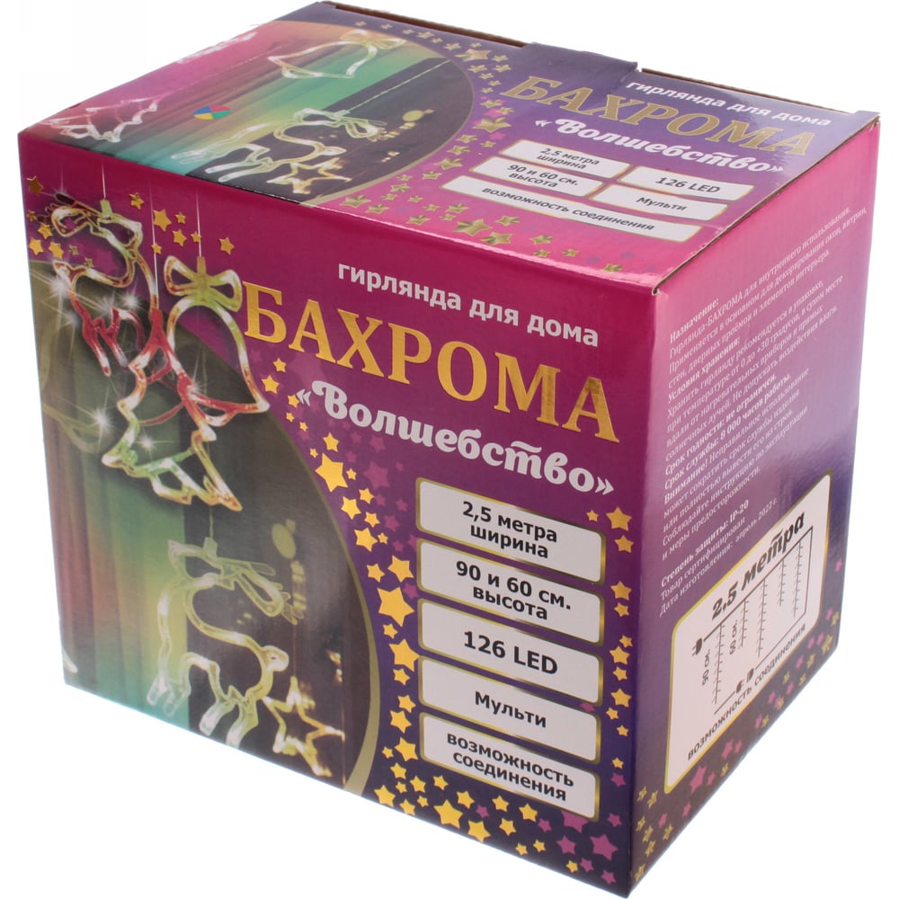 Изображение товара Гирлянда для дома Серпантин БАХРОМА Волшебство ш2, 5 м* в0, 6/0, 9м 120 ламп LED, 8 режимов IP-20, Мультицвет (возможность соединения) 725-0579
