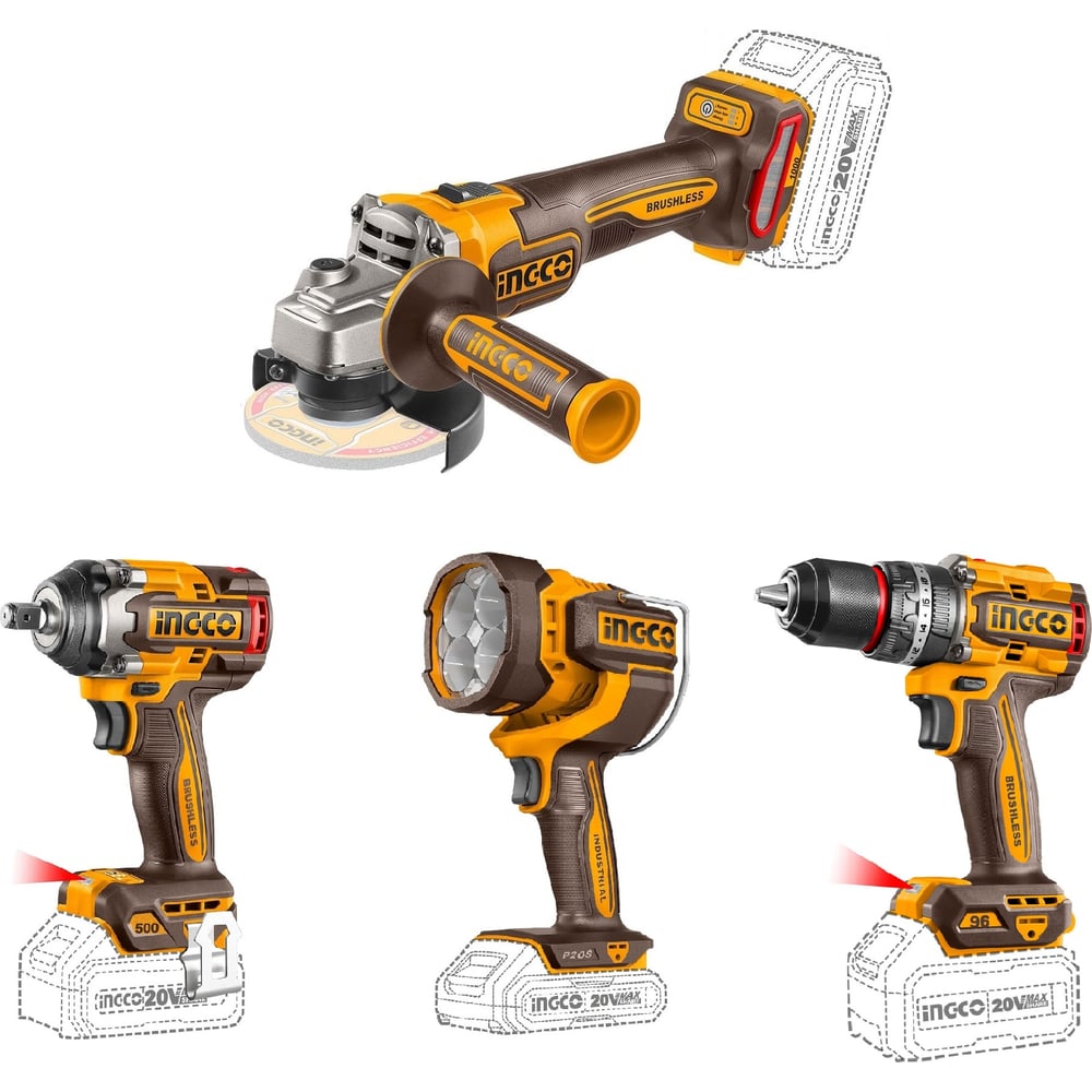 Изображение товара Набор аккумуляторного инструмента INGCO 4 шт 20В COSLI241292 для профессионалов и домашнего использ
