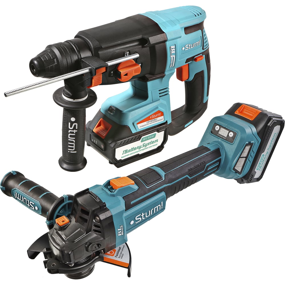 Изображение товара Набор аккумуляторного инструмента Sturm CRH1832BLC+CAG18125BLE с перфоратором и винтовертом