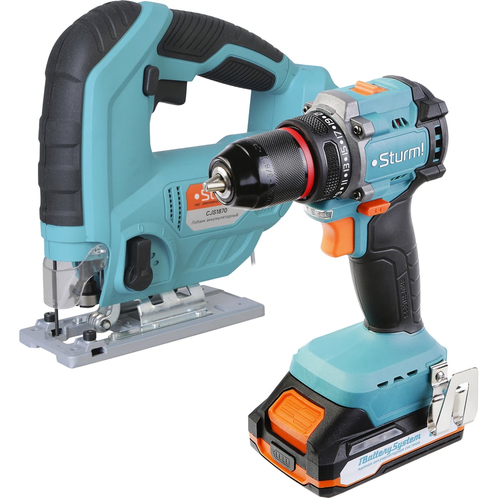 Изображение товара Набор аккумуляторных инструментов Sturm CD1860BL+CJS1870 - дрель-шуруповерт и ленточная шлифмашина