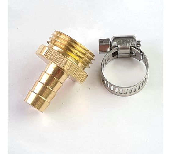 Изображение товара Наконечник латунный наружная резьба 1/2 х елочка 10 мм + хомут Профитт 4823457