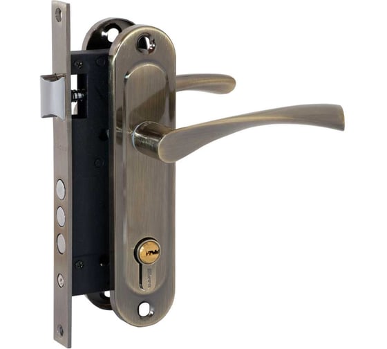 Изображение товара Замок врезной BASARA для межкомнатных и входных дверей 1523 AB бронза, в комплекте с ручкой и цилиндром 40115