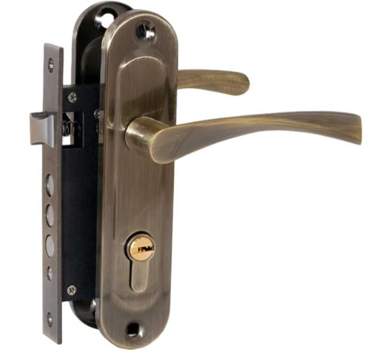 Изображение товара Замок врезной BASARA для межкомнатных и входных дверей 1023 AB бронза, в комплекте с ручкой и цилиндром 40111