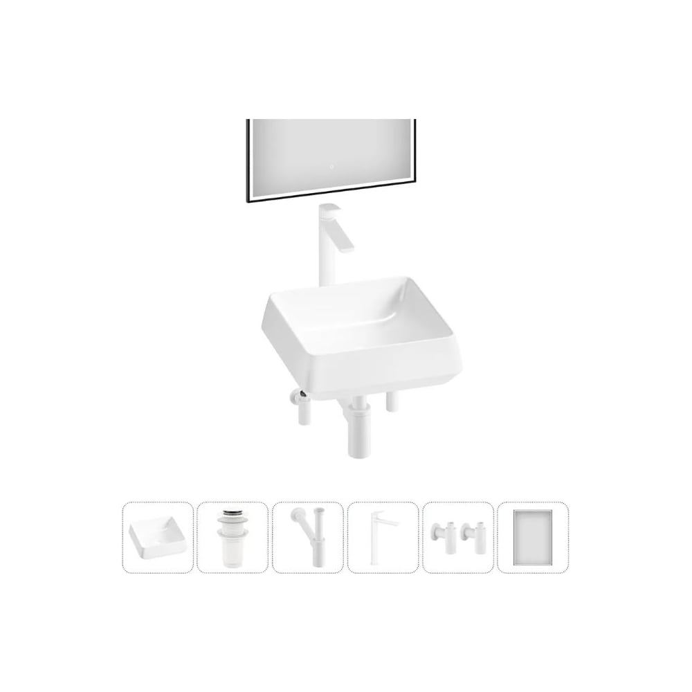 Изображение товара Комплект Wellsee 6 в 1 Lavinia Boho накладная раковина с зеркалом и смесителем 38x38 см