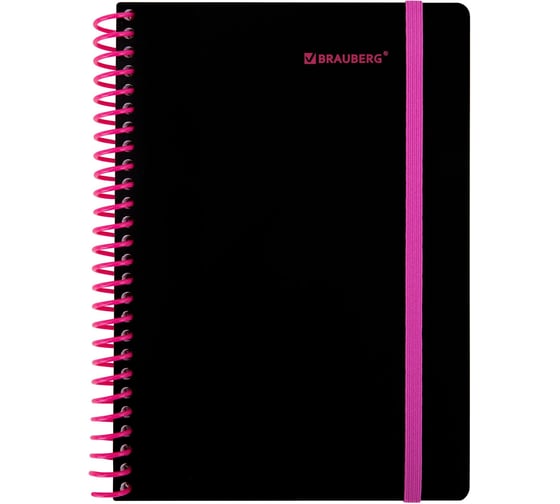 Изображение товара Тетрадь обложка пластик BRAUBERG, А5, 80 листов, спираль пластик, резинка, клетка, черный/розовый, 405384