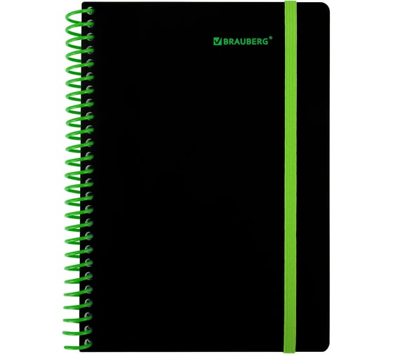 Изображение товара Тетрадь обложка пластик BRAUBERG, А5, 80 листов, спираль пластик, резинка, клетка, черный/зеленый, 405387