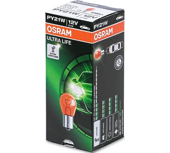 Изображение товара Лампа OSRAM 10шт/упаковка, PY21W, 21W, BAU15s, ORANGE 12v Ultra Life - 7507ULT