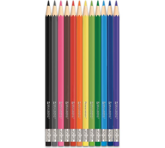 Изображение товара Карандаши цветные стираемые с ластиком BRAUBERG, 12 цветов, шестигранные, 182070