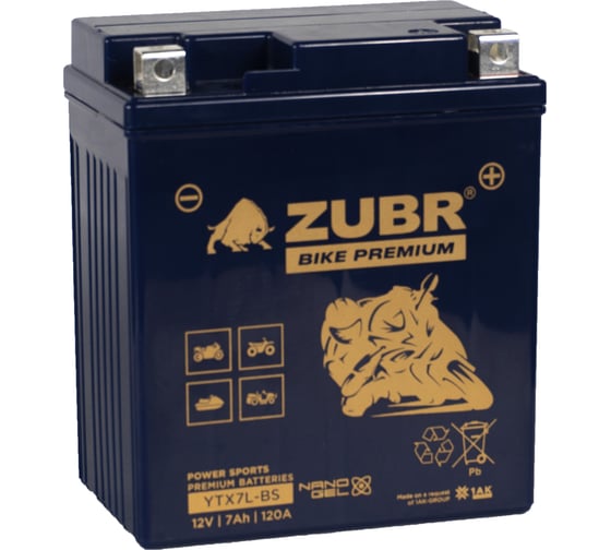 Изображение товара Мотоаккумулятор 12V 7 Ah BIKE PREMIUM YTX7L-BS R+ для мотоцикла, мопеда и скутера, гидроцикла, квадроцикла, снегохода 113x69x130 ZUBR YTX7L-BS