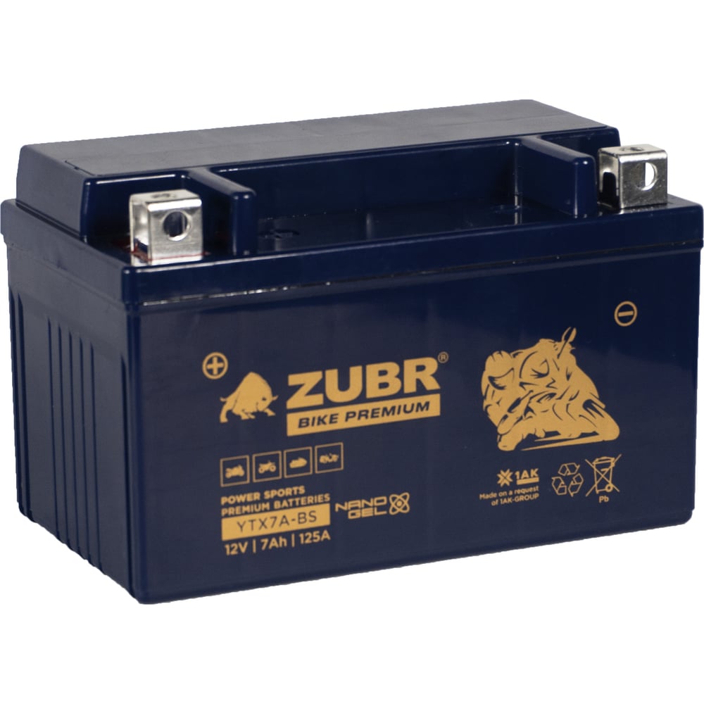 Изображение товара Аккумуляторная батарея ZUBR Мотоаккумулятор 12V 7 Ah BIKE PREMIUM YTX7A-BS L+, для мотоцикла, мопеда и скутера, гидроцикла, квадроцикла, снегохода 150x86x94 YTX7A-BS (ZubrPrem)