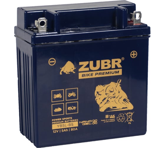Изображение товара Мотоаккумулятор 12V 5 Ah BIKE PREMIUM YB5L-BS R+ для мотоцикла, мопеда и скутера, гидроцикла, квадроцикла, снегохода 120x60x128 ZUBR YB5L-BS