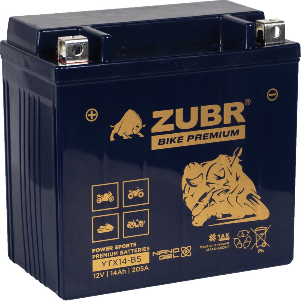Изображение товара Аккумуляторная батарея ZUBR Мотоаккумулятор 12V 14 Ah BIKE PREMIUM YTX14-BS L+, для мотоцикла, скутера, гидроцикла, квадроцикла, снегохода и генератора 150x86x145 YTX14-BS (ZubrPrem)