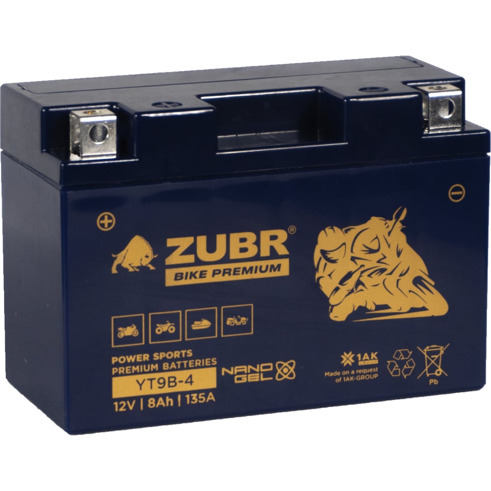 Изображение товара Аккумуляторная батарея ZUBR Мотоаккумулятор 12V 8 Ah BIKE PREMIUM YT9B-4 L+, для мотоцикла, мопеда и скутера, гидроцикла, квадроцикла, снегохода 150x69x105 YT9B-4 (ZubrPrem)
