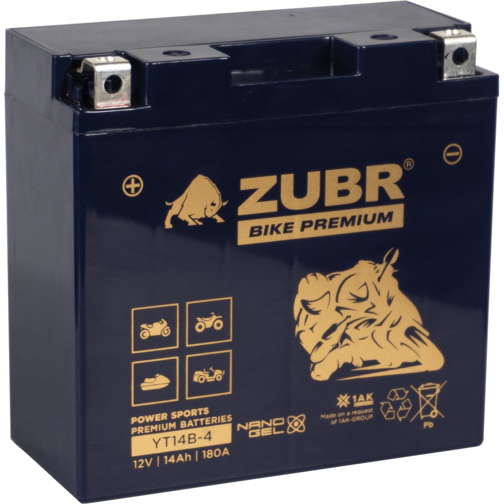 Изображение товара Аккумуляторная батарея ZUBR Мотоаккумулятор 12V 14 Ah BIKE PREMIUM YT14B-4 L+, для мотоцикла, скутера, гидроцикла, квадроцикла, снегохода и генератора 150x69x145 YT14B-4 (ZubrPrem)