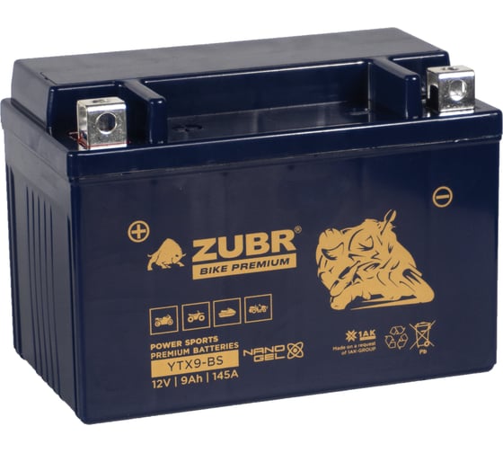 Изображение товара Мотоаккумулятор 12V 9 Ah BIKE PREMIUM YTX9-BS L+ для мотоцикла, скутера, гидроцикла, квадроцикла, снегохода и генератора 150x86x105 ZUBR YTX9-BS