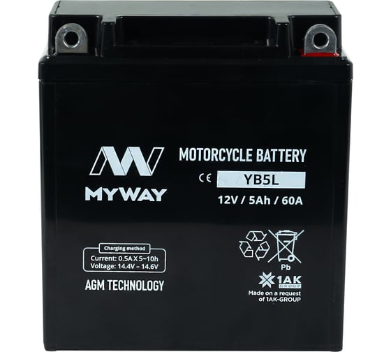 Изображение товара Мотоаккумулятор 12V 5Ah YB5L R+ для мотоцикла, мопеда и скутера, гидроцикла, квадроцикла, снегохода 119x60x129 MYWAY BIKE YB5L