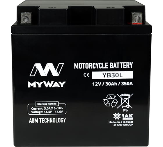 Изображение товара Мотоаккумулятор 12V 30Ah YB30L R+ для мотоцикла, скутера, гидроцикла, квадроцикла, снегохода и генератора 166x127x175 MYWAY BIKE YB30L