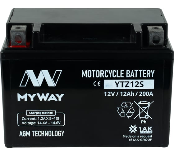 Изображение товара Мотоаккумулятор 12V 11Ah YTZ12S L+ для мотоцикла, скутера, гидроцикла, квадроцикла, снегохода и генератора 150x86x111 MYWAY BIKE YTZ12S