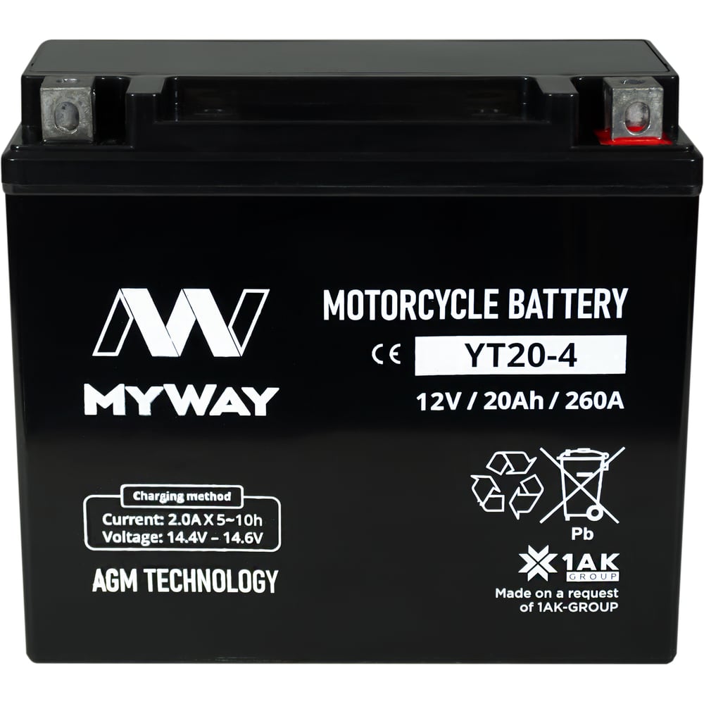Изображение товара Аккумулятор MYWAY BIKE YT20-4 свинцово-кислотный AGM 20 А*ч 177x88x155 мм