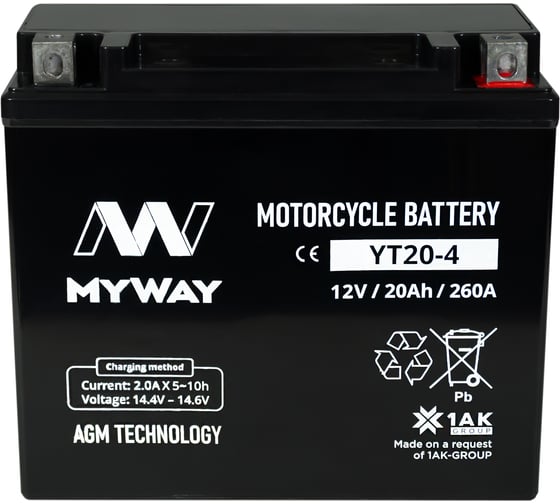 Изображение товара Мотоаккумулятор 12V 20Ah YT20-4 R+ для мотоцикла, скутера, гидроцикла, квадроцикла, снегохода и генератора 177x88x155 MYWAY BIKE YT20-4