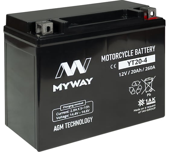 Изображение товара Мотоаккумулятор 12V 20Ah YT20-4 R+ для мотоцикла, скутера, гидроцикла, квадроцикла, снегохода и генератора 177x88x155 MYWAY BIKE YT20-4