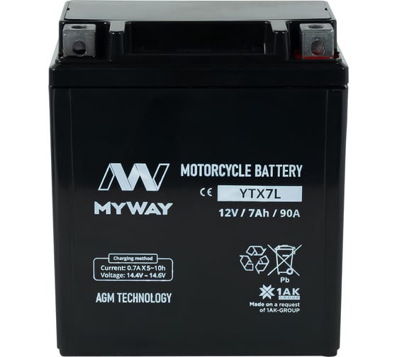 Изображение товара Мотоаккумулятор 12V 7Ah YTX7L R+ для мотоцикла, мопеда и скутера, гидроцикла, квадроцикла, снегохода 113x70x130 MYWAY BIKE YTX7L