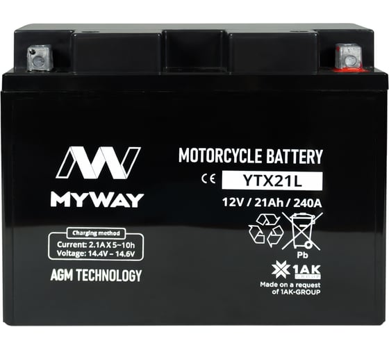Изображение товара Мотоаккумулятор 12V 21Ah YTX21L R+ для мотоцикла, скутера, гидроцикла, квадроцикла, снегохода и генератора 205x91x159 MYWAY BIKE YTX21L