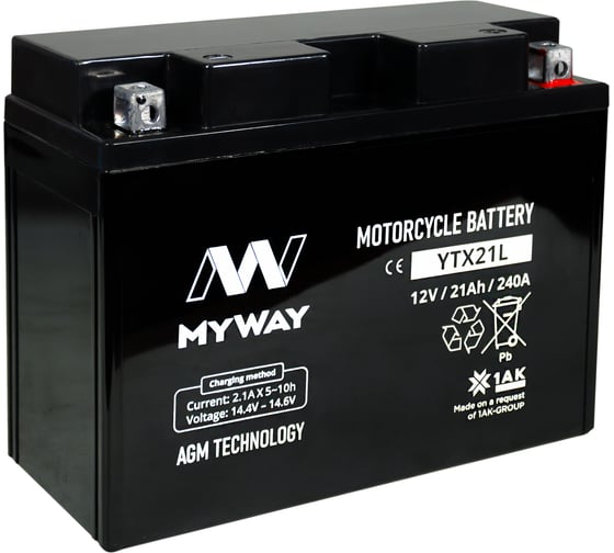 Изображение товара Мотоаккумулятор 12V 21Ah YTX21L R+ для мотоцикла, скутера, гидроцикла, квадроцикла, снегохода и генератора 205x91x159 MYWAY BIKE YTX21L