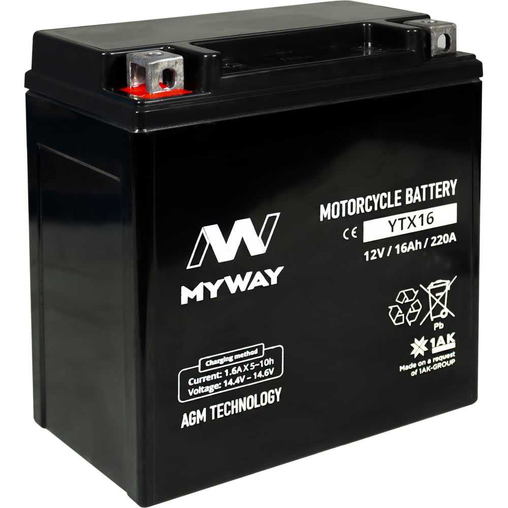 Изображение товара Мотоаккумулятор 12V 16Ah YTX16 L+ AGM свинцово-кислотный для мотоциклов