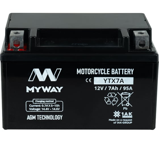 Изображение товара Мотоаккумулятор 12V 7Ah YTX7A L+ для мотоцикла, мопеда и скутера, гидроцикла, квадроцикла, снегохода 150x86x94 MYWAY BIKE YTX7A