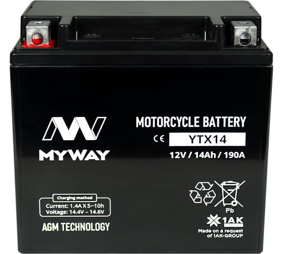 Изображение товара Мотоаккумулятор 12V 14Ah YTX14 L+ для мотоцикла, скутера, гидроцикла, квадроцикла, снегохода и генератора 150x86x145 MYWAY BIKE YTX14