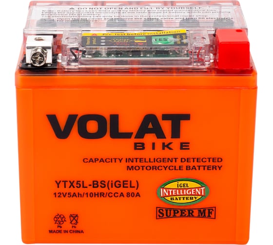 Изображение товара Мотоаккумулятор 12V 5Ah YTX5L-BS(iGEL) R+ для мотоцикла, мопеда и скутера, гидроцикла, квадроцикла, снегохода 113x70x106 Volat YTX5L-BS(iGEL)